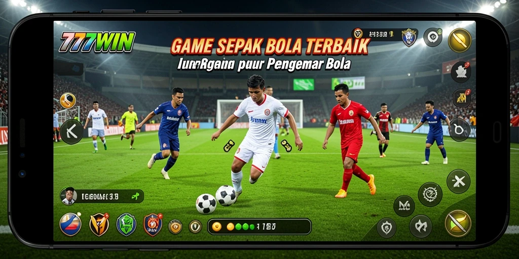 Screenshot utama <strong>777WIN</strong> menampilkan aksi pertandingan sepak bola yang mendebarkan.