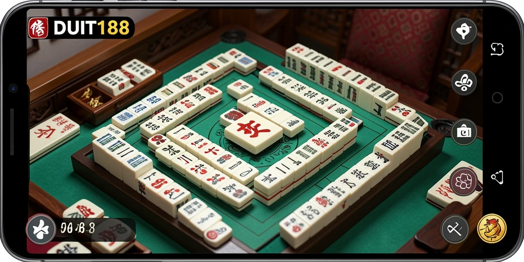 Screenshot gameplay DUIT188 menampilkan ubin Mahjong yang berwarna-warni.