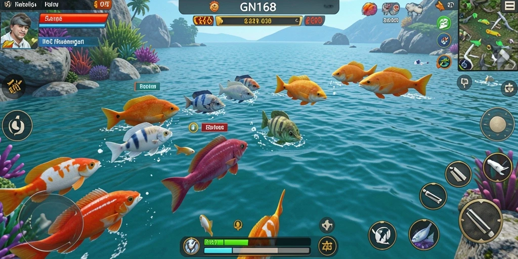 Screenshot gameplay GN168 yang menampilkan aksi menembak ikan yang seru.