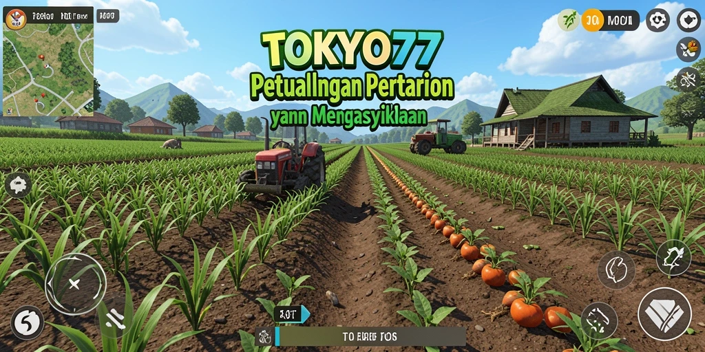 Tangkapan layar gameplay TOKYO77 menampilkan kebun yang subur dan aktif.